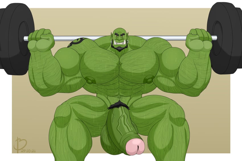 abs balls bara bayron_(artist) beard biceps big_balls big_penis boner erection green-skinned_male green_body green_skin huge_balls huge_cock male male_nipples male_only male_pubic_hair manly muscular_male nipples nude orc orc_male pecs penis pointy_ears solo solo_male sweat sweating teeth teeth_visible tusks