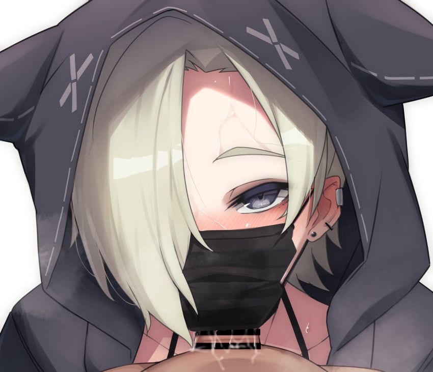 1boy animal_ear_hood bar_censor black_jacket black_mask blonde_hair blush censored clothed_female_nude_male clothed_sex commentary_request commission covered_mouth ear_blush ear_piercing earclip earrings fellatio fellatio_under_mask female grey_eyes hair_over_one_eye halterneck highres hood hood_up hooded_jacket jacket jewelry looking_at_viewer love_live! love_live!_nijigasaki_high_school_idol_club mask mia_taylor mouth_mask nasuno_(nasuno42) nose_blush nude one_eye_covered open_clothes open_jacket oral parted_bangs penis piercing portrait pov saliva short_hair simple_background skeb_commission solo_focus steaming_body straight stud_earrings surgical_mask sweat white_background