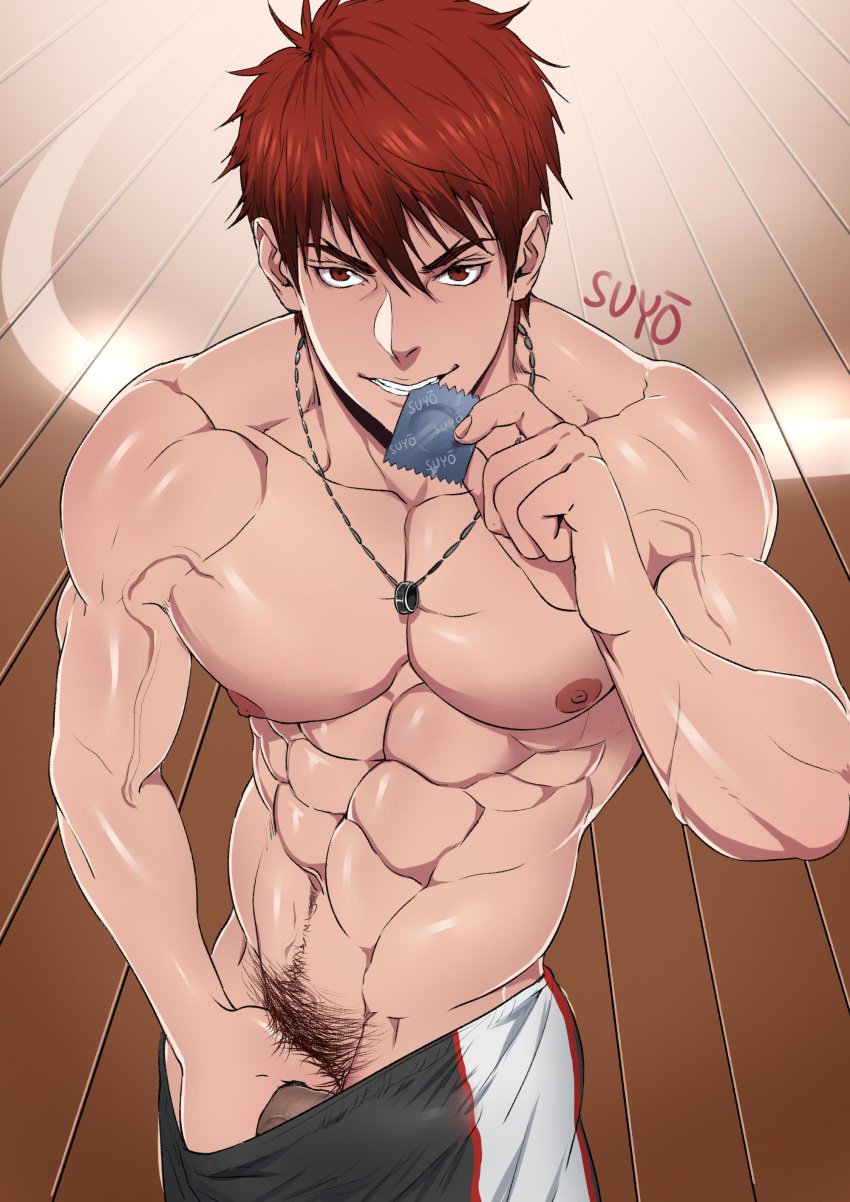 1boy abs absurdres artist_name collarbone condom condom_wrapper covered_penis cowboy_shot grin hair_between_eyes hand_on_own_penis highres holding holding_condom jewelry kagami_taiga kuroko_no_basuke light-skinned_female light_skin looking_at_viewer male male_only male_pubic_hair muscular muscular_male navel necklace nipples nude pectorals penis pubic_hair red_eyes red_hair smile solo suyohara teeth unopened_condom_wrapper variant_set