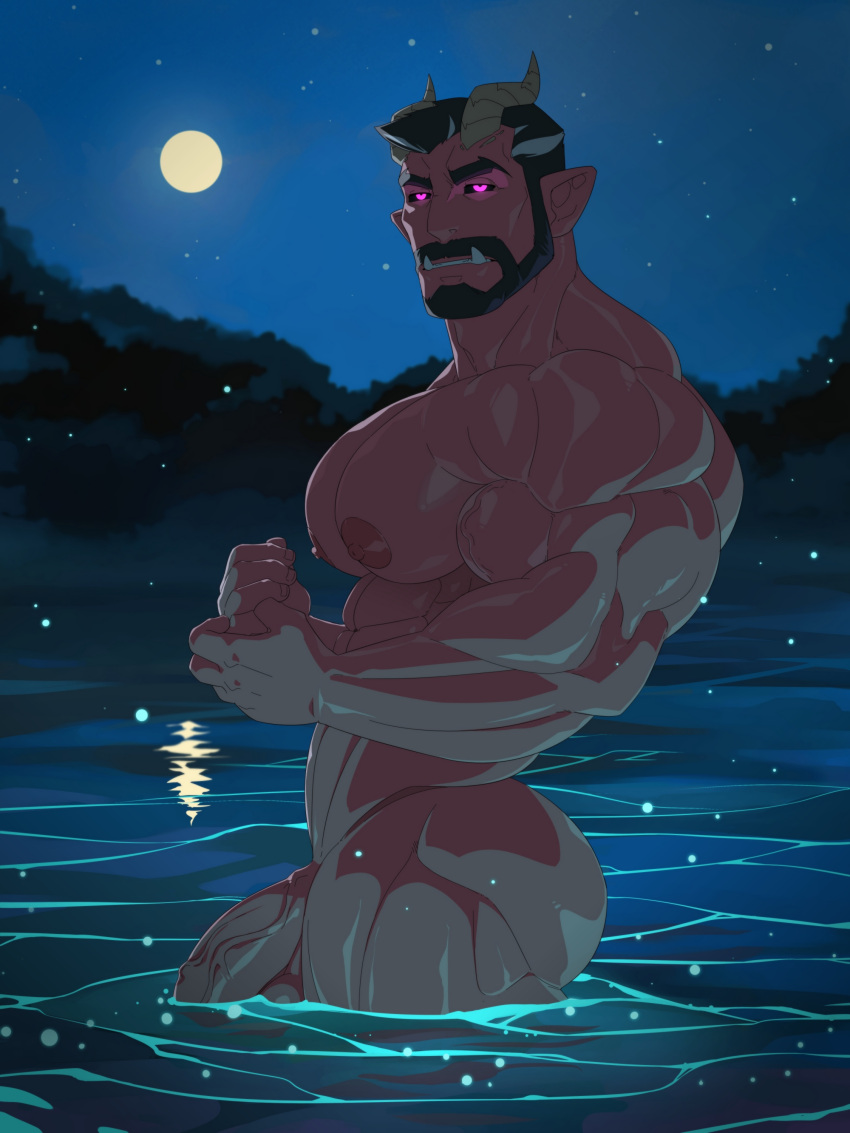 1boy abs balls bara beard biceps big_balls big_penis demon demon_horns devil devil_horns kartos male male_nipples male_only manly muscular_male nipples nude pecs penis red_body red_skin tusks wet