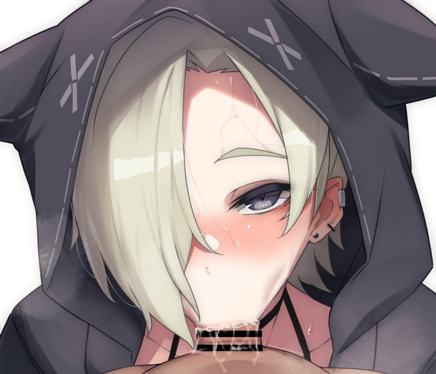 1boy :&gt;= animal_ear_hood bar_censor black_jacket blonde_hair blush censored clothed_female_nude_male clothed_sex commentary_request commission cum cum_in_mouth cum_overflow ear_blush ear_piercing earclip earrings fellatio female grey_eyes hair_over_one_eye halterneck highres hood hood_up hooded_jacket jacket jewelry looking_at_viewer love_live! love_live!_nijigasaki_high_school_idol_club mia_taylor nasuno_(nasuno42) nose_blush nude one_eye_covered open_clothes open_jacket oral parted_bangs penis piercing portrait pov saliva short_hair simple_background skeb_commission solo_focus steaming_body straight stud_earrings sweat white_background