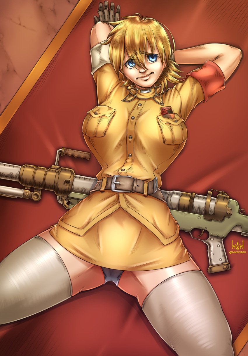 big_breasts blonde_hair blue_eyes dressed gloves hellsing hellsing_ultimate lying_on_back military_uniform nixon on_floor seras_victoria short_hair tagme underwear weapon