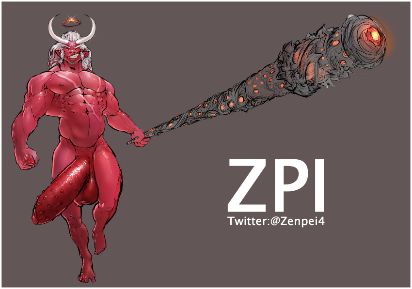 balls bara big_penis demon facial_hair flaccid horns male male_only muscles muscular nude oni penis red_body red_skin solo solo_male weapon zenpei