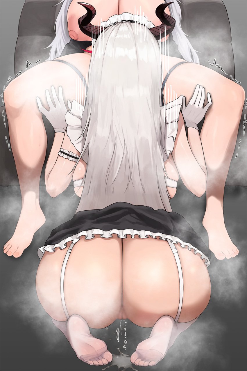 2girls aegir_(azur_lane) aegir_(iron_blood's_dragon_maid)_(azur_lane) ass azur_lane backboob black_garter_straps black_horns breasts commission demon_horns erufura frilled_hairband frills from_behind futa_with_female futanari garter_straps gloves grey_hair hairband hakuryuu_(azur_lane) head_out_of_frame highres horns huge_breasts huge_nipples implied_fellatio implied_futanari long_hair maid_headdress multicolored_hair multiple_girls nipples official_alternate_costume pixiv_commission puffy_nipples red_hair see-through see-through_legwear sitting steaming_body streaked_hair thighhighs two-tone_hair very_long_hair white_garter_straps white_gloves white_thighhighs