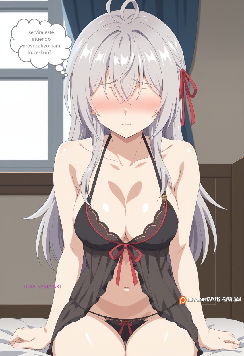 absurdres ahoge alisa_mikhailovna_kujou bed black_bra black_panties blue_eyes blush bra breasts cleavage closed_mouth collarbone embarrassed english_commentary female frown frowning hair_between_eyes hair_ribbon highres indoors large_breasts lidia-sama lingerie long_hair nightgown no_eyes non-web_source pale_skin panties patreon_username red_ribbon ribbon signature spanish_text sweat thighs tokidoki_bosotto_russian_de_dereru_tonari_no_alya-san translated underwear window