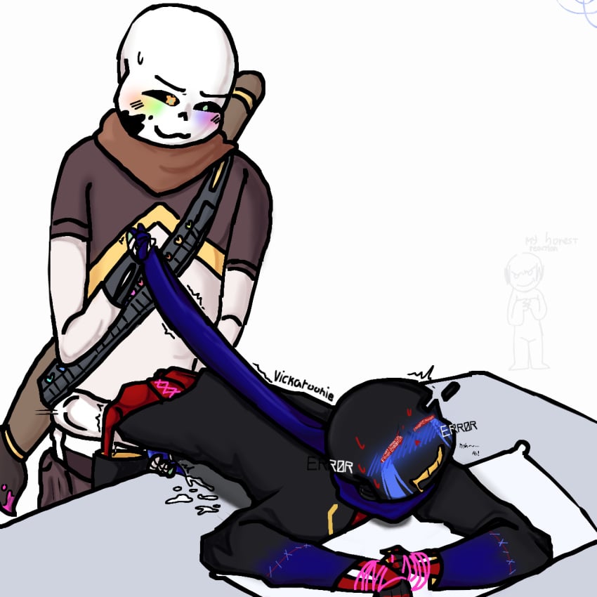 2boys :3 bent_over_bed blue_blush blush bondage cumming error_sans_(fan_character) fucked_from_behind gay handjob_while_penetrating ink_sans_(fan_character) overstimulation pulling_scarf rainbow_blush sans_au sanscest skeleton tied_hands undertale undertale_(series)