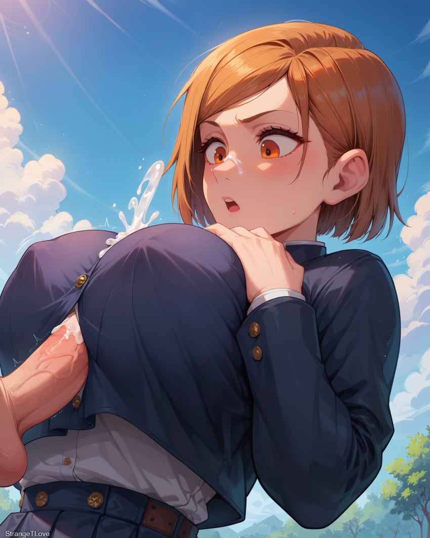 1boy 1girls ai_generated covered_nipples cum cum_on_face ejaculation ejaculation_between_breasts female from_below from_side hands_on_breasts highres jujutsu_kaisen kugisaki_nobara large_breasts looking_down male orange_eyes orange_hair outdoors paizuri paizuri_under_clothes penis pony_diffusion_xl school_uniform short_hair strangetlove surprised_expression twitch_lines uncensored watermark