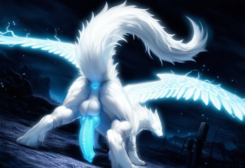 ai_generated animal_genitalia animal_penis anus balls blue_anus blue_eyes blue_penis canine_penis detailed detailed_anus detailed_fur detailed_penis dragon dutch_angle electricity energy_wings feral fur furred_dragon genitals glowing glowing_anus glowing_body glowing_eyes glowing_genitalia glowing_penis hi_res knot looking_at_viewer looking_back looking_back_at_viewer low-angle_view male night on_all_fours penis polar_(director) raised_tail rear_view ridged_penis smile solo spread_wings wasteland white_body white_fur wings