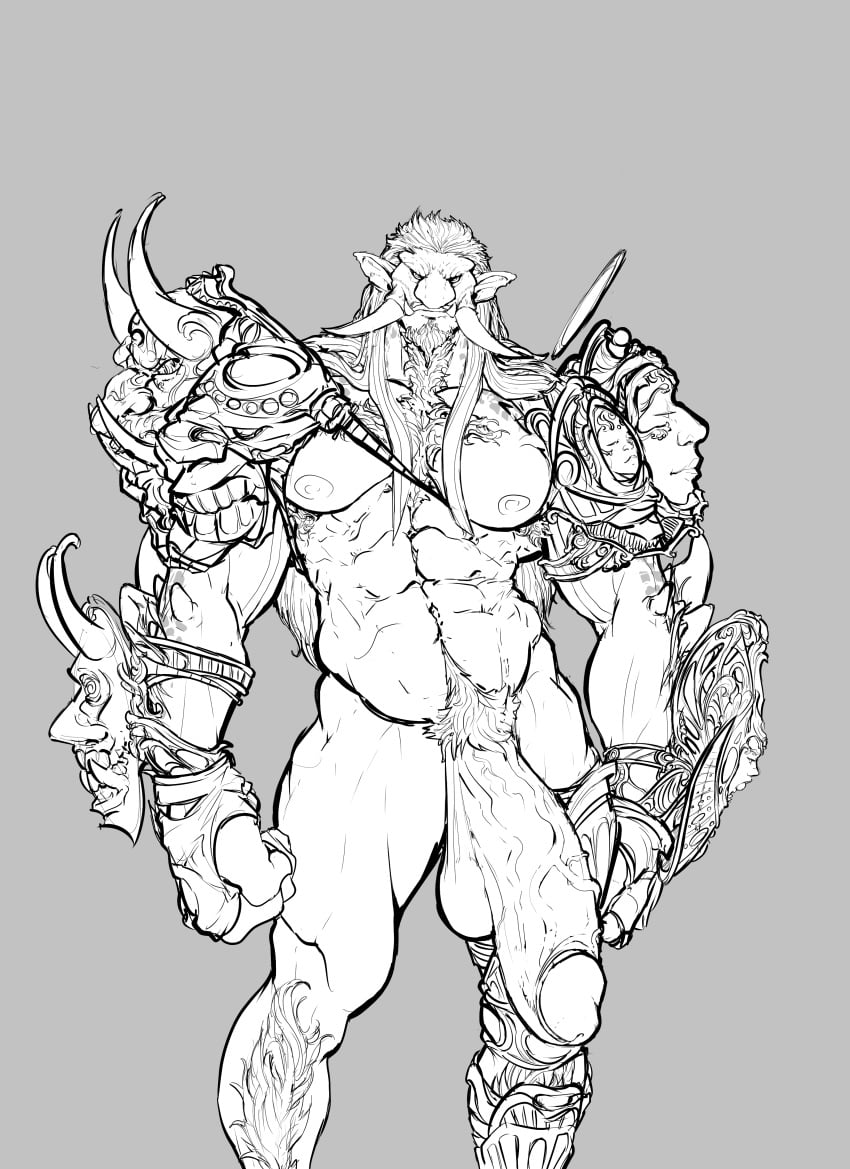 armor balls bara big_penis facial_hair flaccid male male_only monochrome muscles muscular pantsless penis solo solo_male tusks zenpei