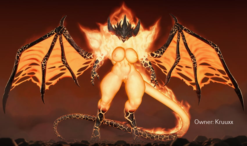 1girls absurd_res abyssal_netherborne_(kruuxx) apulaz balls big_breasts breasts demon elemental_creature female female_only fire fire_creature flaming_body flaming_eyes flaming_tail genitals hi_res hooves humanoid monster monster_girl monster_girl_(genre) muscular muscular_female navel nazahvazul netherborne_(kruuxx) nipples nude orange_body pussy solo tail thick_thighs torn_wing wings