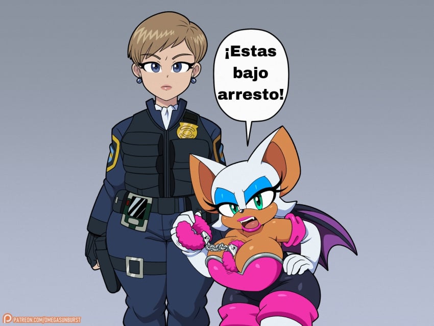 2girls big_ass big_breasts big_thighs breast_size_difference embarrassed handcuffs huge_breasts omegasunburst police police_uniform policewoman rouge_the_bat sonic_(series) sonic_the_hedgehog_(series) sonic_x spanish spanish_dialogue spanish_text topaz_(sonic_the_hedgehog)