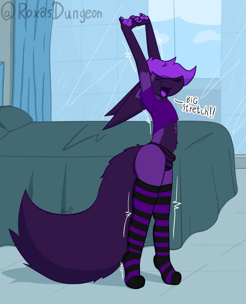 absurd_res anthro bed big_ears big_tail building bulge canid canine clothing crop_top curtains_open detailed_background detailed_bulge dialogue femboy fennec_fox fox fur furniture glass_window hair hi_res legwear male mammal panties paw_markings pawpads paws purple_body purple_clothing purple_fur purple_hair roxo_(artist) shaded shirt signature skyscraper solo stretching tail thigh_highs topwear true_fox underwear