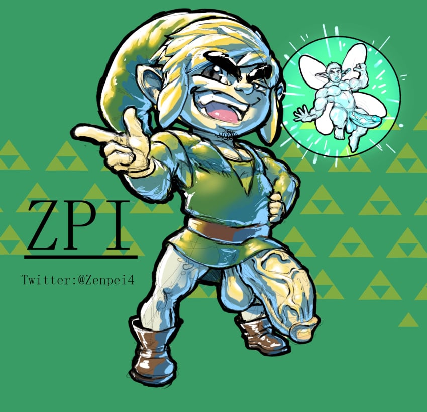 balls bara big_head big_penis boner clothing erection facial_hair fairy link male male_only muscles muscular navi nintendo penis small_body solo solo_male the_legend_of_zelda toon_link zenpei