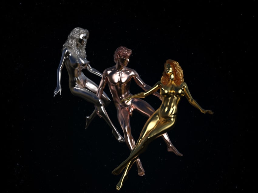 1boy 2girls 3d big_ass big_breasts breasts bust busty copper_body copper_skin curvaceous curvy curvy_figure female gold-skinned_female gold_body gold_skin hips hourglass_figure huge_ass huge_breasts humanoid large_ass large_breasts legs male male/female metal metallic_body metallic_skin silver-skinned_female silver_body silver_skin slim_waist snapshotz3d straight thick thick_hips thick_legs thick_thighs thighs top_heavy voluptuous waist wide_hips