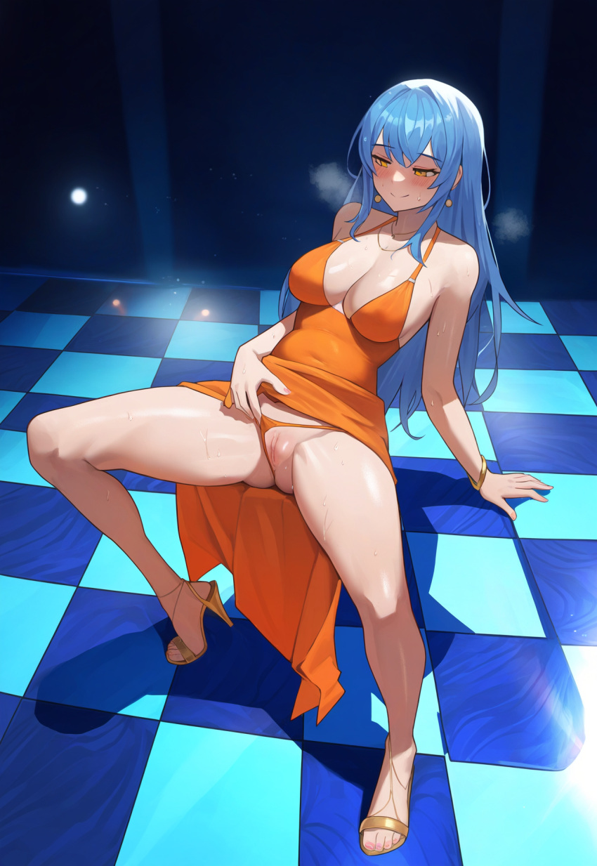 1girls ai_generated bare_arms bare_legs bare_shoulders bare_thighs blush cleavage full_bodysweat legs long_hair original original_character shiny_skin sweatdrop sweating thighs yeyehuh