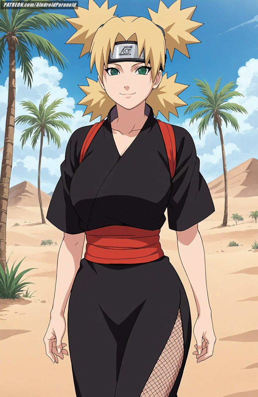 ai_generated aindroidparanoid big_breasts blonde_hair breasts curvy desert fishnets green_eyes hips huge_breasts kimono large_breasts narrow_waist naruto naruto_(classic) naruto_(series) naruto_shippuden outdoors quad_tails sash short_hair slim_waist spiked_hair stable_diffusion temari wide_hips