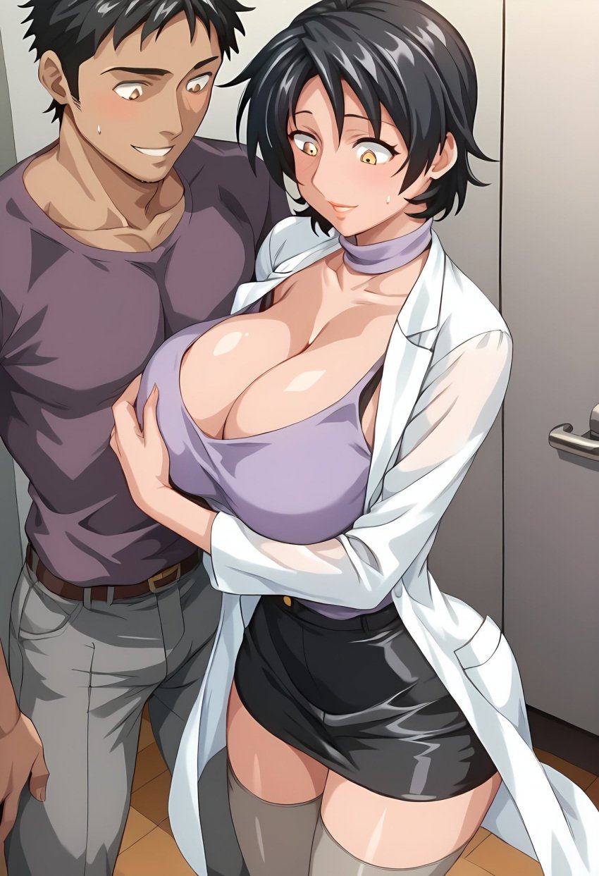 1boy 1girls adult_and_teenager ai_generated before_sex bible_black bible_black_only big_breasts black_hair blush bob_cut breast_grab breasts busty center_opening classroom cleavage clothing coat crelandir curvaceous curvy curvy_female curvy_figure dutch_angle embarrassed female grabbing_own_breast hourglass_figure huge_breasts imminent_sex indoors labcoat large_breasts looking_at_another looking_at_partner male male/female mature mature_female medium_hair milf minase_yukiko no_bra no_bra_under_clothes older_female open_mouth oppai pants presenting_breasts revealing_clothes school shirt short_hair skimpy skimpy_clothes skirt standing straight teacher teacher_and_student unprofessional_behavior voluptuous wide_hips yellow_eyes younger_male