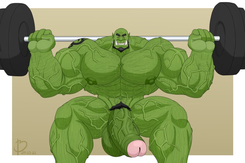 abs balls bara bayron_(artist) beard biceps big_balls big_penis boner erection green-skinned_male green_body green_skin hairy_chest huge_balls huge_cock male male_nipples male_only male_pubic_hair manly muscular_male nipples nude orc orc_male pecs penis pointy_ears solo solo_male sweat sweating teeth teeth_visible tusks