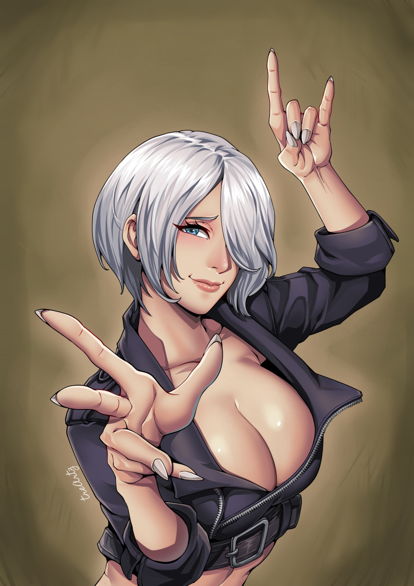 angel_(kof) big_breasts blue_eyes breasts female jacket king_of_fighters light-skinned_female light_skin long_fingernails long_nails midriff nails one_eye_obstructed sharp_fingernails sharp_nails short_hair smile smiling thotlerrr treartz white_hair