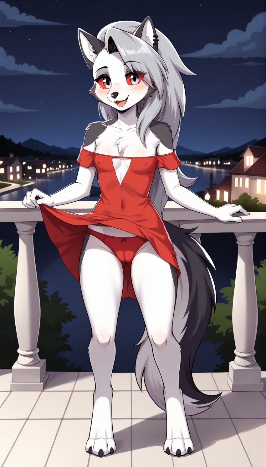 1girls 2024 ai_generated anthro balcony bare_shoulders blush cameltoe canine digitigrade dress dress_lift ear_piercing eyeliner eyeshadow female female_only grey_fur happy hellhound helluva_boss hi_res inner_ear_fluff long_hair looking_at_viewer loona_(helluva_boss) night open_mouth outdoors panties red_clothing red_dress red_sclera silver_eyes silver_hair smile white_fur