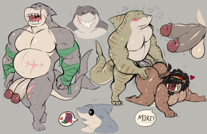 2_penises anal anthro blush digital_drawing_(artwork) digital_media_(artwork) diphallia diphallism fish genitals glans hair male male/male mammal marine multi_genitalia multi_penis musclegut muscular muscular_anthro muscular_male penis pure_command shark simple_background smile suid suina sus_(pig) teeth wild_boar