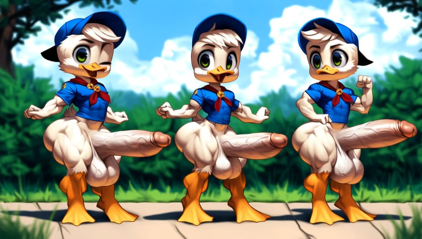 3boys 4_fingers abs ai_generated anthro anthro_only baseball_cap bottomless buff carefree cub cute dewey_duck disney duck erection femboy group huey_duck huge_balls huge_cock louie_duck muscular muscular_anthro muscular_male muscular_thighs nai_diffusion nature nipple_outline outdoors pecs scout scout_uniform shameless short_hair shortstack small_but_hung social_nudity t-shirt tailfeathers thick_thighs tight_clothing treest triplets veiny_penis veiny_testicles white_feathers wide_hips woodchuck young