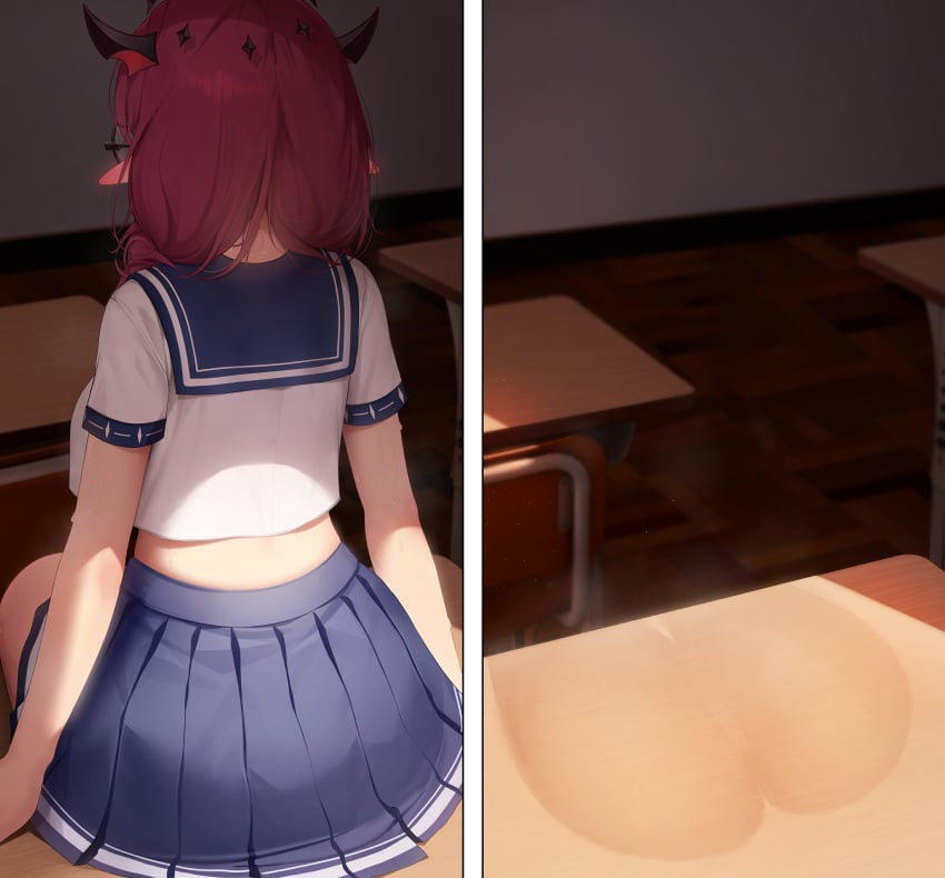 1girls ass ass_sweat classroom dat_ass elf elf_girl glasses hololive hololive_english irys pointy_ears prab prabarp red_hair round_glasses school_uniform schoolgirl sitting skirt table virtual_youtuber