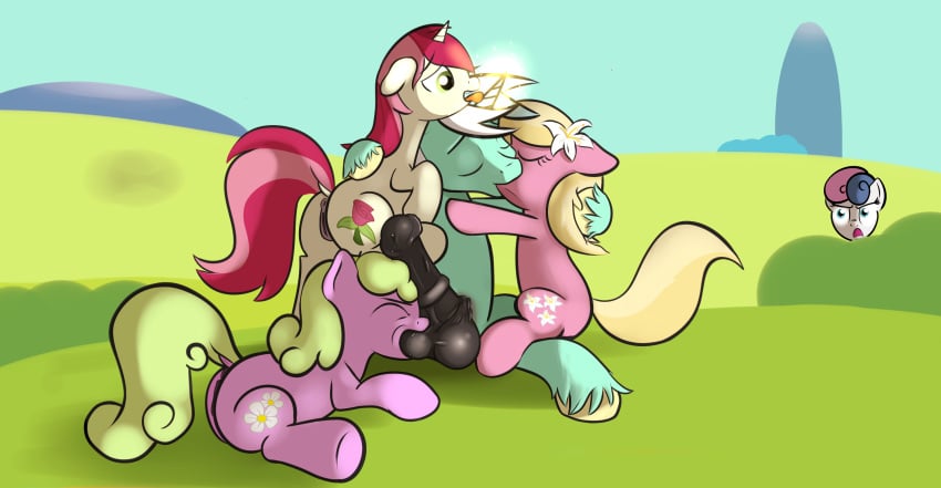 1boy 4girls animal_genitalia anus balls bonbon_(mlp) closed_eyes cosmonaut cutie_mark daisy_(mlp) equine female foursome friendship_is_magic fur group group_sex hair harpsy_(mlp) horn horse horsecock jealous kissing lily_valley_(mlp) lyra_heartstrings_(mlp) male mammal my_little_pony open_mouth outdoors penis pony pussy roseluck_(mlp) rule_63 sex tongue tongue_out two_tone_hair unicorn vagina