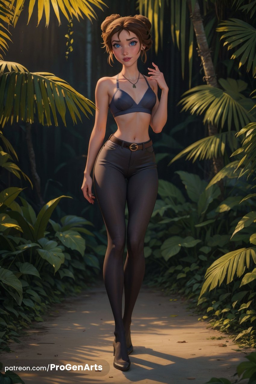 , 1girls ai_generated artist_name bare_arms bare_shoulders belt black_bra black_footwear black_pants blue_eyes bra breasts brown_hair collarbone disney double_bun earrings forest full_body hair_bun hand_up hi_res high_heels jane_porter jewelry leaf lips looking_at_viewer midriff nature navel necklace outdoors pants plant progenarts short_hair small_breasts solo standing stomach tarzan_(1999_film) tree underwear walt_disney watermark