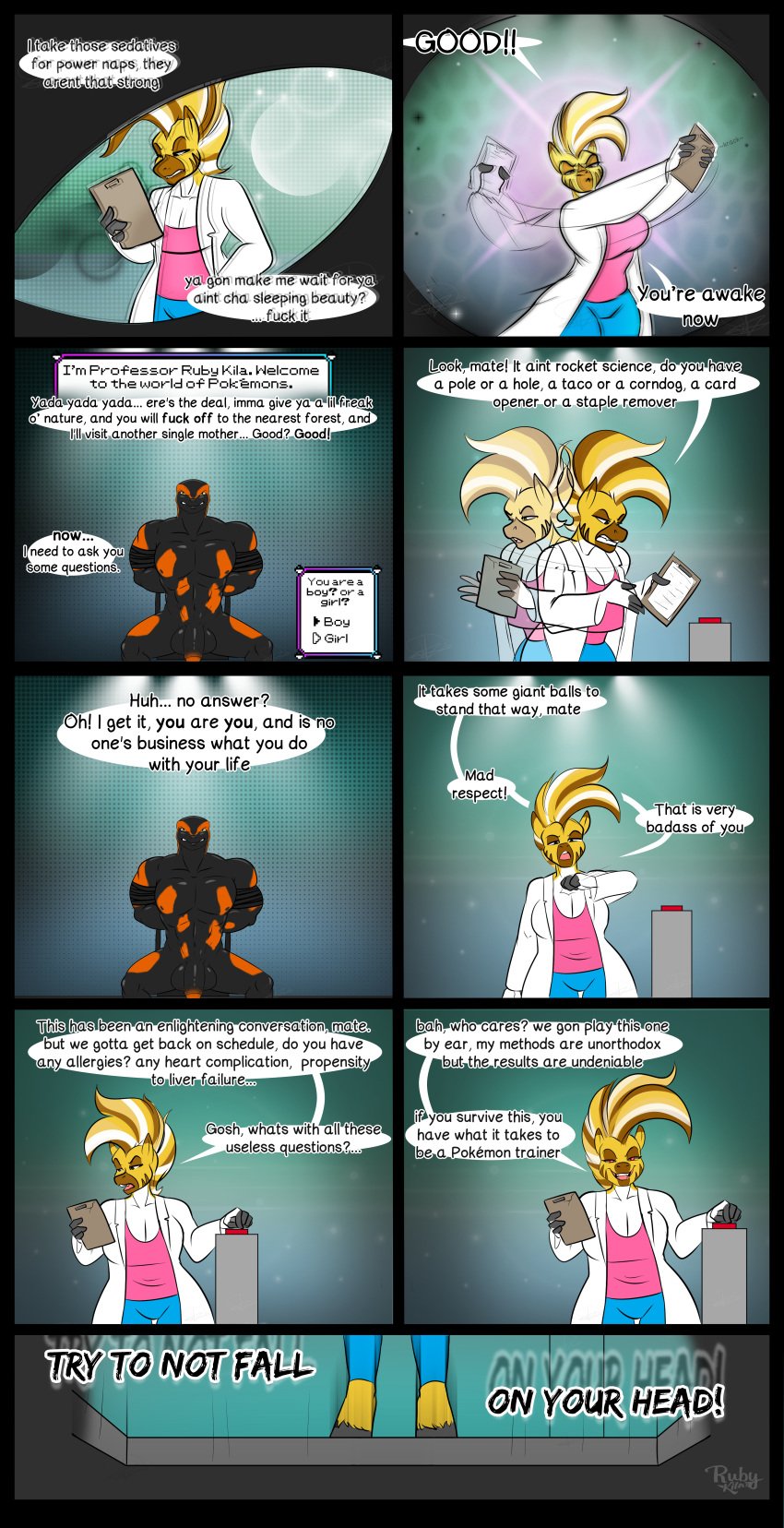 abs absurd_res amphibian anthro arms_tied balls black_body blonde_hair bound breasts chair cleavage clothed clothing coat dialogue english_text equid equine exclamation_point female fire_salamander furniture genitals hair hi_res lab_coat male mammal max_(maxdamage_rulz) motion_lines muscular muscular_male nintendo nude orange_body penis plains_zebra pokemon profanity pushbutton quagga question_mark recently_extinct_species red_eyes ruby_kila rubykila salamander signature simple_background sitting speech_bubble spread_legs spreading standing submissive submissive_male text topwear waking_up yellow_body yellow_eyes zebra
