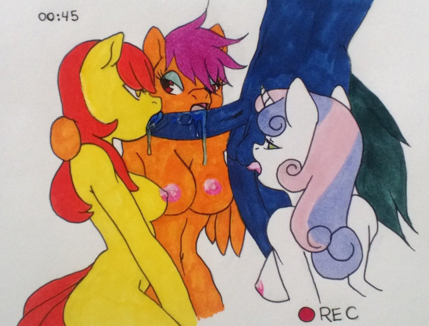 anthrofied apple_bloom_(mlp) breasts collaborative_fellatio cutie_mark_crusaders equine erection fellatio female friendship_is_magic group group_sex hair_on_head horn horse licking male mammal multiple_girls my_little_pony nipples nude older oral oral_sex pegasus penis pony saliva scootaloo_(mlp) sex standing straight sweetie_belle_(mlp) teamwork toadstool-n-hornet tongue unicorn wings