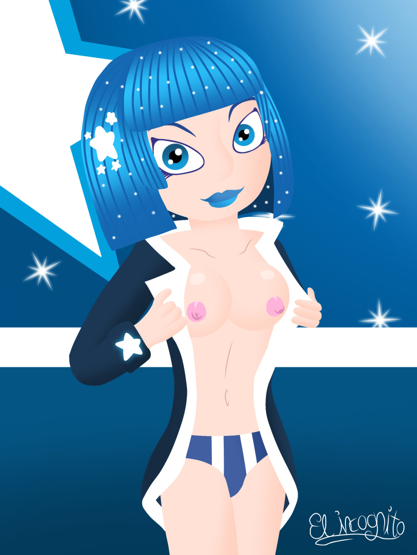 1girls blue_background blue_coat blue_eyes blue_hair blue_lips blue_thong breasts breasts_out coat disney disney_channel el_incognito_(artist) short_hair star_darlings vega_(star_darlings)