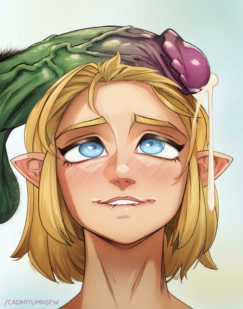 1boy 1boy1girl 1girls big_penis big_penis_adoration biting_lip blank_background blonde_hair blonde_hair_female blue_eyes blush blush_lines cadmiyum cum cum_trail elf elf_ears elf_female female interspecies lipbite male_pubic_hair orc original_characters penis penis_on_head penis_vein pubic_hair unseen_male_face