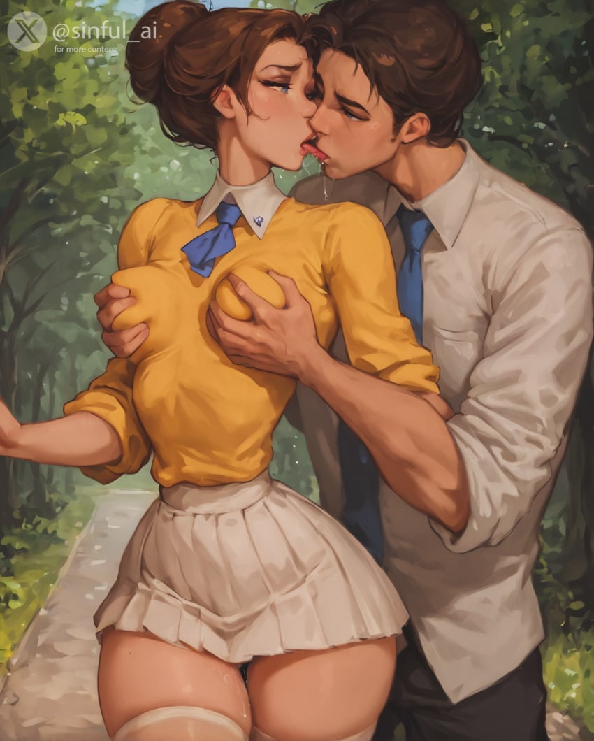 ai_generated aisinful big_ass blue_eyes brown_hair disney drooling french_kiss grabbing grabbing_breasts grabbing_from_behind groping hair_bun hi_res huge_ass jane_porter kissing large_ass saliva small_breasts tarzan tarzan_(1999_film) thick_lips thick_thighs thighhighs white_thighhighs wide_hips