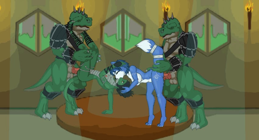 animated anthro balls black_hair blue_hair canine female fox gorepete hair krystal legend_of_krystal lizard male mammal nintendo nude penis reptile scalie sex sharpclaw sharpclaw_lady(star_fox) star_fox straight video_games