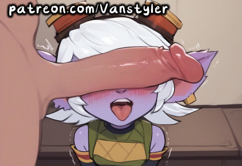 1girls ahe_gao ai_generated animal_ear_fluff animal_ears big_penis blush breasts cant_see_the_haters embarrassed furry gloves goggles huge_cock human human_on_anthro indoors kneeling league_of_legends looking_pleasured meme open_mouth patreon penis penis_on_face pierced_ears piercing purple_skin riot_games shortstack size_difference slim_waist small_breasts smaller_female trembling tristana vanstyler white_hair yellow_eyes yordle