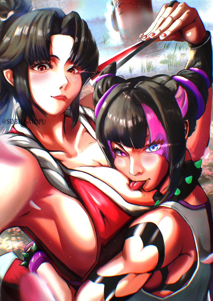 2girls big_breasts breasts capcom cleavage cleavage_overflow fatal_fury female female_only huge_breasts japanese_clothes juri_han licking_breast mai_shiranui revealing_clothes sdbh_satopu snk street_fighter street_fighter_6 tongue_out