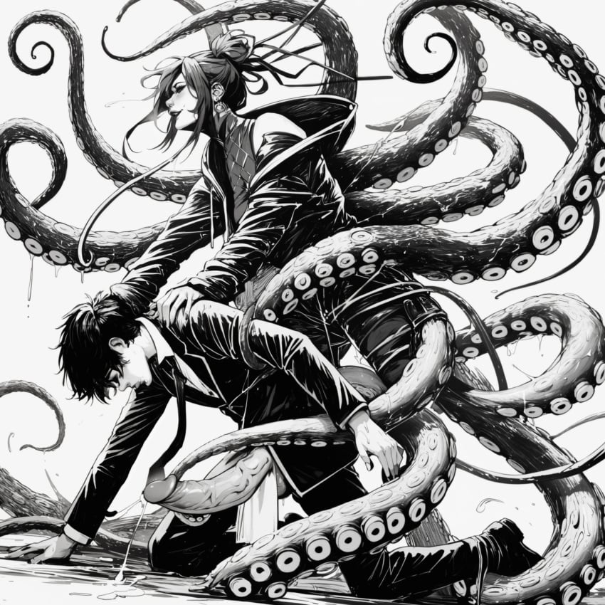 1:1 1boy1girl 2d ai_generated big_penis black_and_white cumshot fantasy monster monster_girl monster_on_human monster_on_male monster_rape octopus octopus_girl sketch tentacle_sex