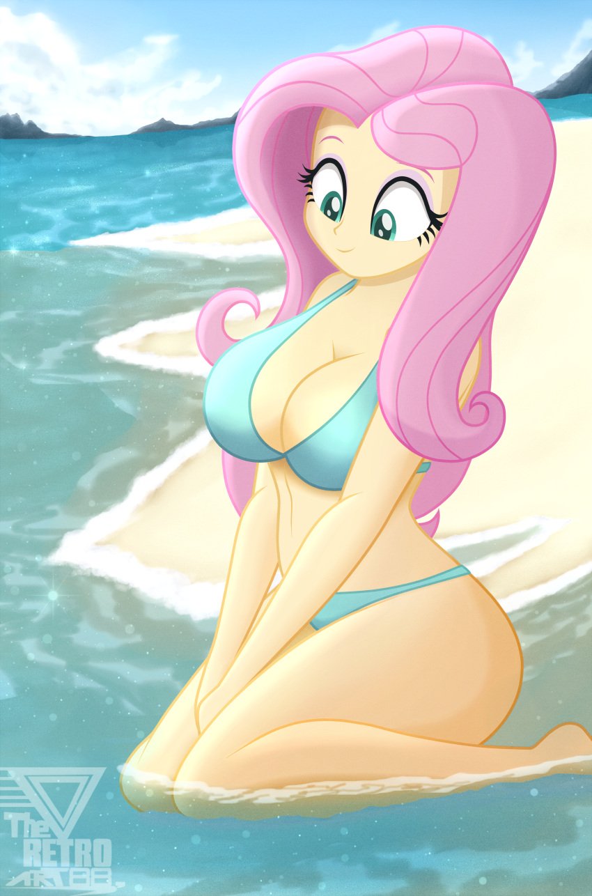 1girls aqua_bikini beach big_breasts bikini breasts cleavage equestria_girls female female_only fluttershy_(eg) fluttershy_(mlp) friendship_is_magic hasbro hi_res highres island kneeling large_breasts looking_down my_little_pony ocean partially_submerged solo solo_female swimsuit theretroart88 water