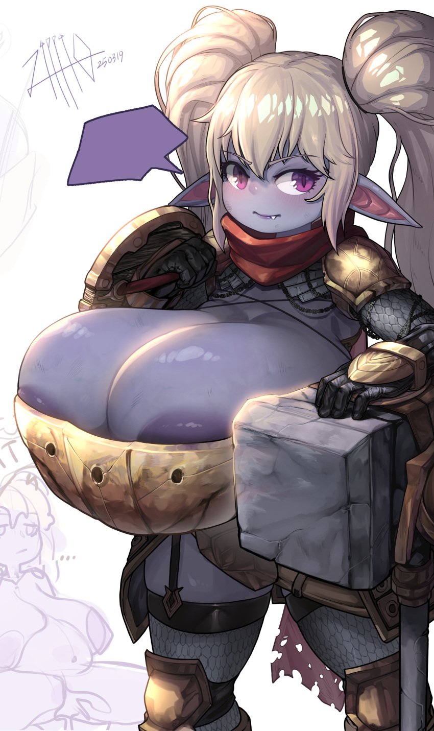 absurd_res areola areola_slip armor belly big_areola big_breasts breasts cleavage clothed clothing female garter_straps hammer hi_res huge_areola huge_breasts humanoid humanoid_pointy_ears hyper hyper_breasts league_of_legends legwear melee_weapon pointy_ears poppy riot_games shield solo tencent thick_thighs thigh_highs tools top_heavy unconvincing_armor weapon yordle zippio95