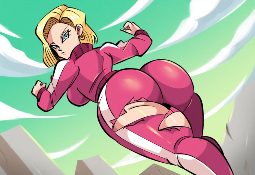 1girls ai_generated android_18 ass ass_focus big_ass dat_ass dragon_ball dragon_ball_super dragon_ball_z female female_only huge_ass mullon novelai solo solo_female solo_focus torn_clothes tournament_of_power tracksuit