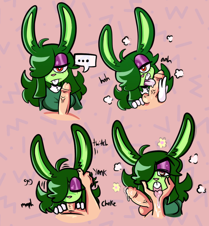 blowjob breasts bunny_ears bunny_girl english_text green_hair green_skin licking licking_penis original paleng penis penis_in_mouth text tongue