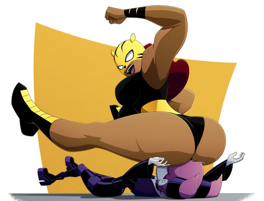 2girls absurd_res ass ass_on_face big_ass breasts clothed clothing dc dc_comics hi_res jinx_(dc) mature_female pantha ravenravenraven red_hair short_hair supervillainess teen_titans wrestling_outfit