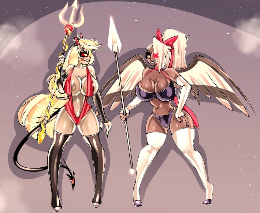 1_eye angel angel_humanoid areola big_breasts bitterbunz bitterrbunz black_body black_feathers blonde_hair bow_ribbon breasts charlie_morningstar claws clothed clothing demon demon_humanoid duo feathers grey_body grey_feathers hair hazbin_hotel hi_res holding_object holding_weapon horn humanoid melee_weapon open_mouth open_smile partially_clothed polearm red_sclera smile spear standing tail teeth thick_thighs vaggie_(hazbin_hotel) weapon white_body white_feathers white_hair wings yellow_eyes