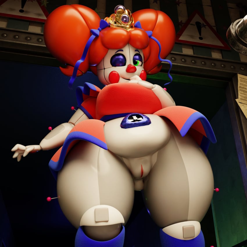 animatronic baby_(fnafsl) big_belly blue_stockings bow bow_in_hair bow_ribbon circus_baby circus_baby_(fnaf) circus_queen_(justaperson) clown clown_girl crown female female_focus female_only five_nights_at_freddy's five_nights_at_freddy's:_sister_location ginger ginger_hair green_eyes_female jordevoir justaperson_queendom looking_at_viewer orange_hair presenting pussy red_hair robot robot_girl sister_location smile smiling smiling_at_viewer solo_female stockings thick thick_thighsgreen_eyes tiara white_body white_skin white_skin_(monochrome) winking_at_viewer