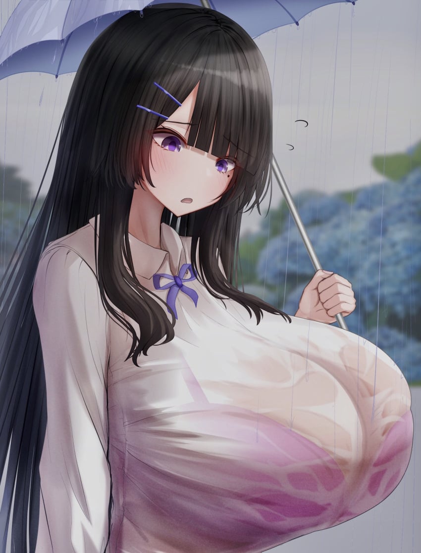 1girls bangs black_hair blue_ribbon blush blush bra bra_visible_through_clothes breast_focus breasts breasts_bigger_than_head busty cleavage embarrassed embarrassed_female enormous_breasts facing_away female female_focus female_only flustered gigantic_breasts hair_ornament hairclip heart-shaped_mole himekawa-san_(metae) holding_object holding_umbrella huge_breasts large_breasts long_hair looking_at_self massive_breasts metae mole mole_under_eye original original_character outdoors pink_bra purple_eyes rain raining ribbon see-through see-through_clothing see-through_shirt shirt solo standing top_heavy top_heavy_breasts umbrella underwear underwear_visible_through_clothing upper_body veiny_breasts voluptuous voluptuous_female wet wet_breasts wet_clothes wet_shirt white_skin