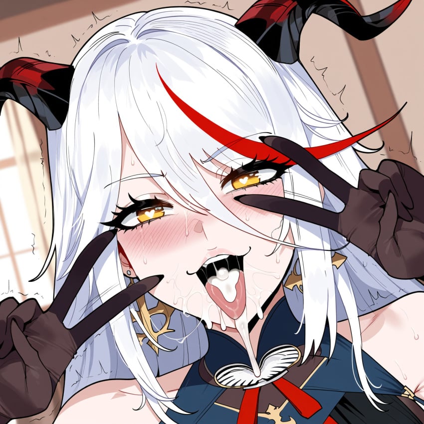 1girls aegir_(azur_lane) after_fellatio ai_generated ass azur_lane big_breasts breasts cum cum_in_mouth female female_focus huge_breasts large_breasts light-skinned_female mature_female nipples nipples_visible_through_clothing open_mouth peace_sign white_hair wide_hips yellow_eyes