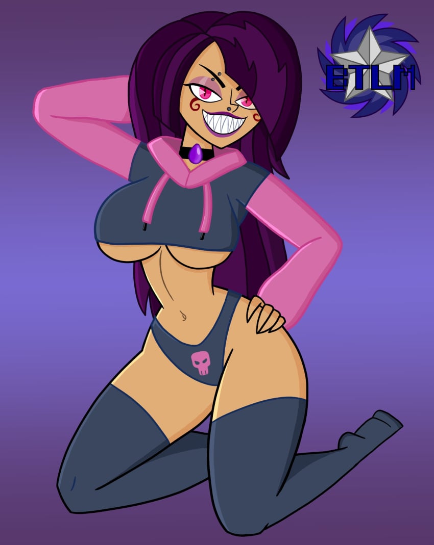 1girls 2024 artist_logo astralbtlm azmelith_gomory big_breasts breasts choker clothed clothing destiny_elite english english_text female female_focus female_only fully_clothed fully_clothed_female hoodie kiraz_violette lipstick midriff original original_character purple_hair purple_hair_female purple_lipstick sharp_teeth solo solo_female solo_focus stockings teeth text underboob