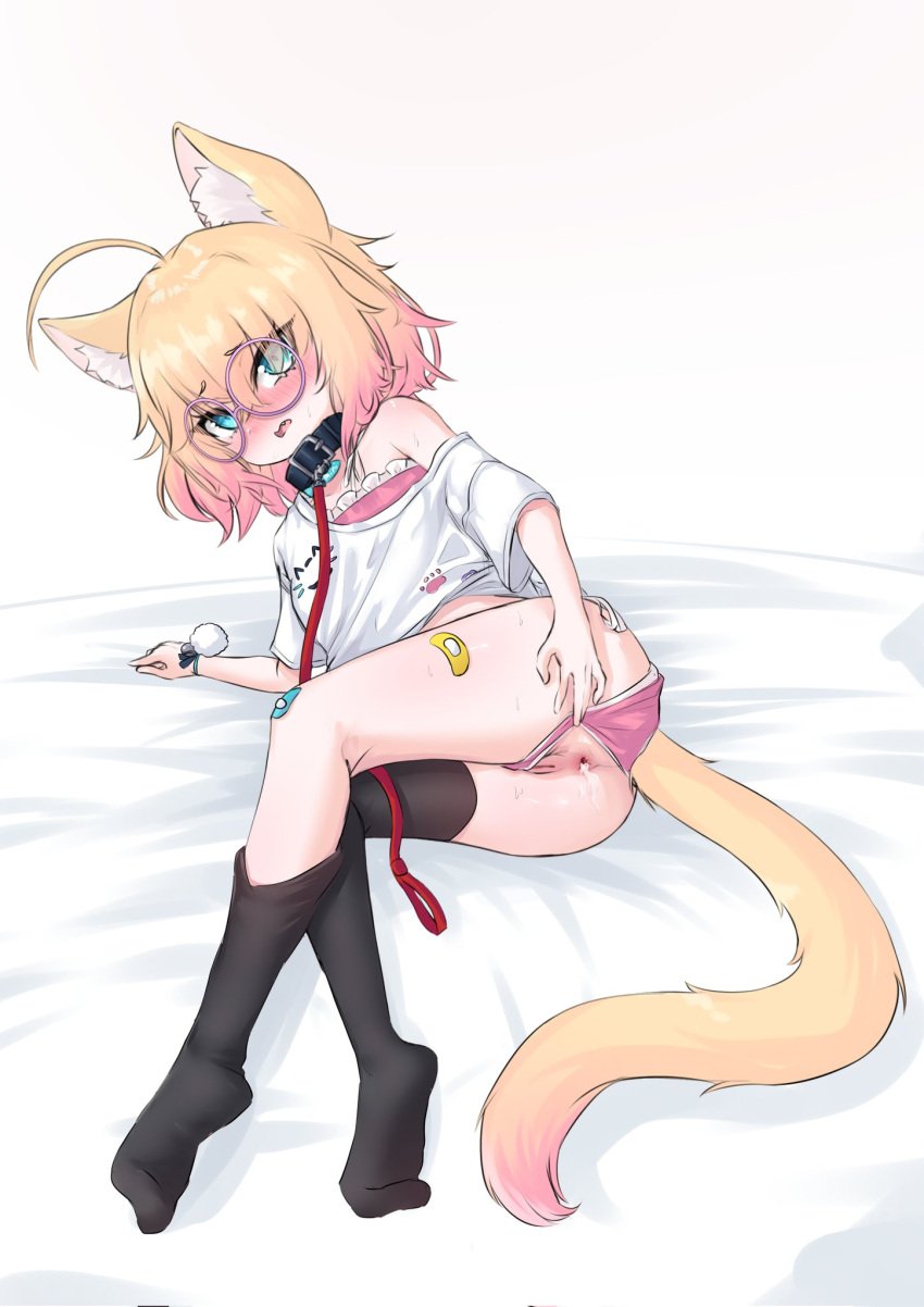 2025 after_anal after_sex ahoge anus bed_sheet blonde_hair blue_eyes catgirl clothed clothing collar cum_in_ass female indie_virtual_youtuber leash leash_and_collar minikomew on_bed panties_aside pussy ritspi solo spread_anus variant variant_set virtual_youtuber