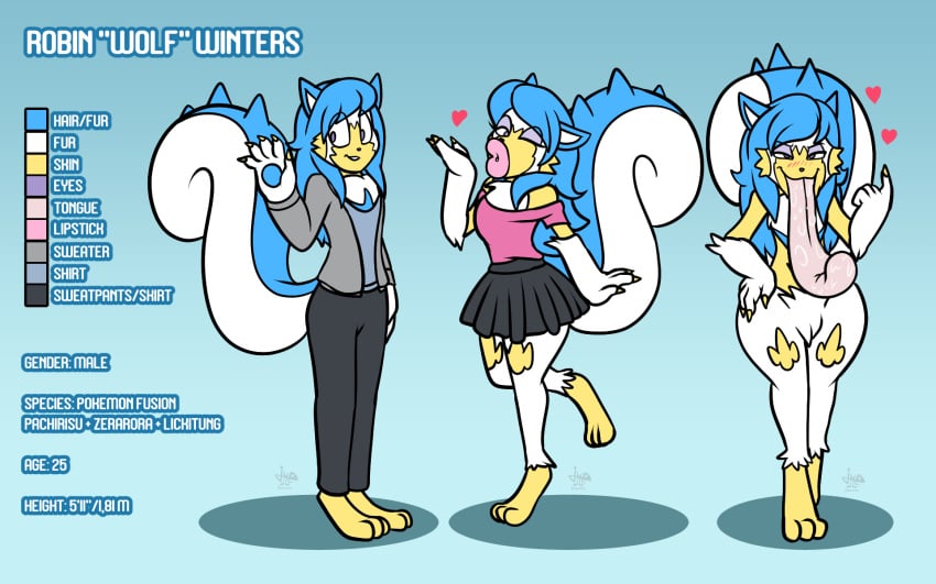 1boy 2d 2d_(artwork) bedroom_eyes big_lips big_tail blue_hair character_sheet eyelashes eyeshadow femboy femboy_only flat_colors flirting flirting_look flirty furry fusion fusion_character hips hips_wider_than_shoulders hourglass_figure jamearts lickitung lips lipstick long_hair long_tongue pachirisu pink_lipstick pokemon pokemon_(species) puckered_lips purple_eyes robin_wolf_winters saliva saliva_drip skirt sweatpants tail tongue tongue_out two_tone_body two_tone_fur wide_hips zeraora